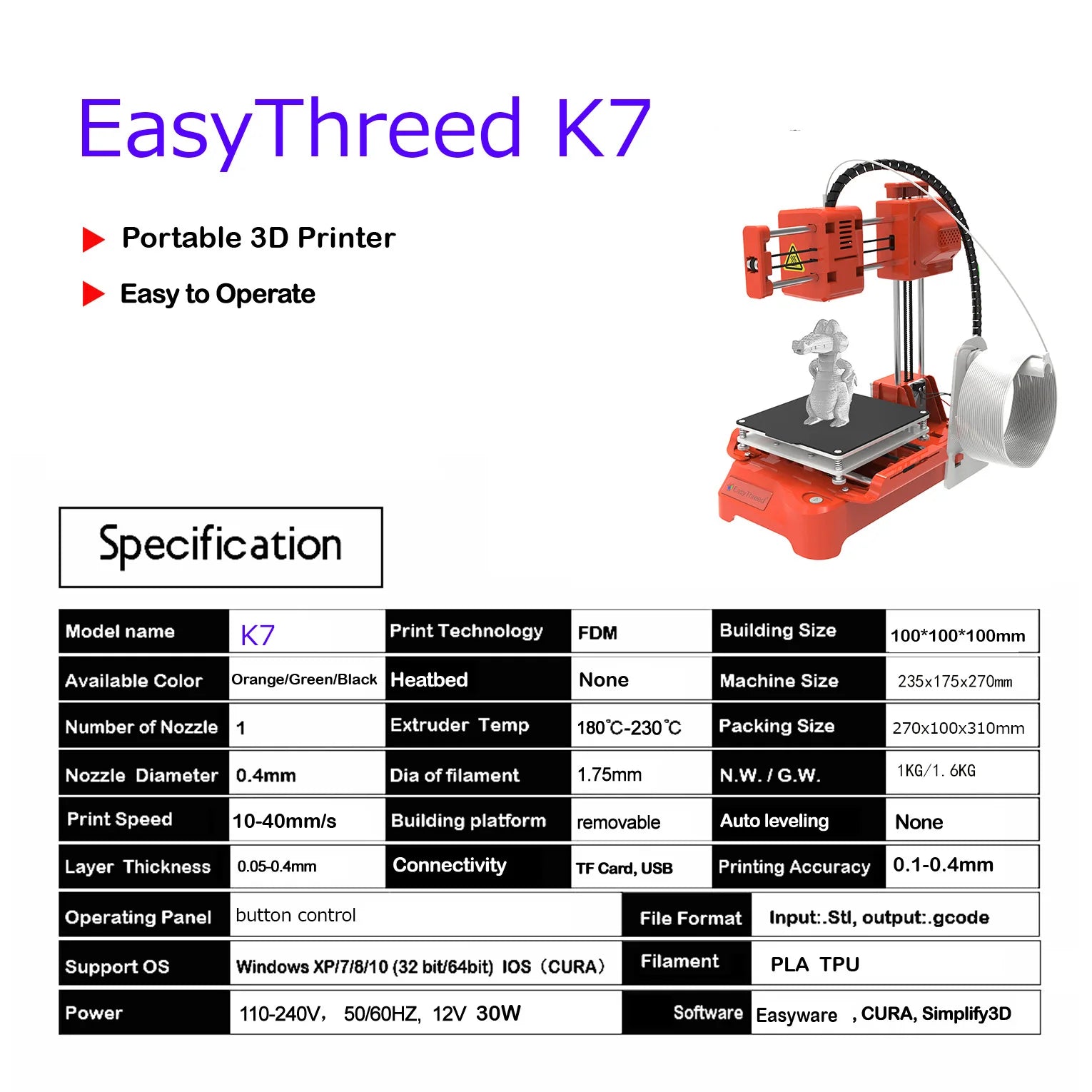 Easythreed K7 Portable Mini Desktop 3D Printer Household DIY Model Making 3D Printing Machine Entry Printer for Beginners & Kids