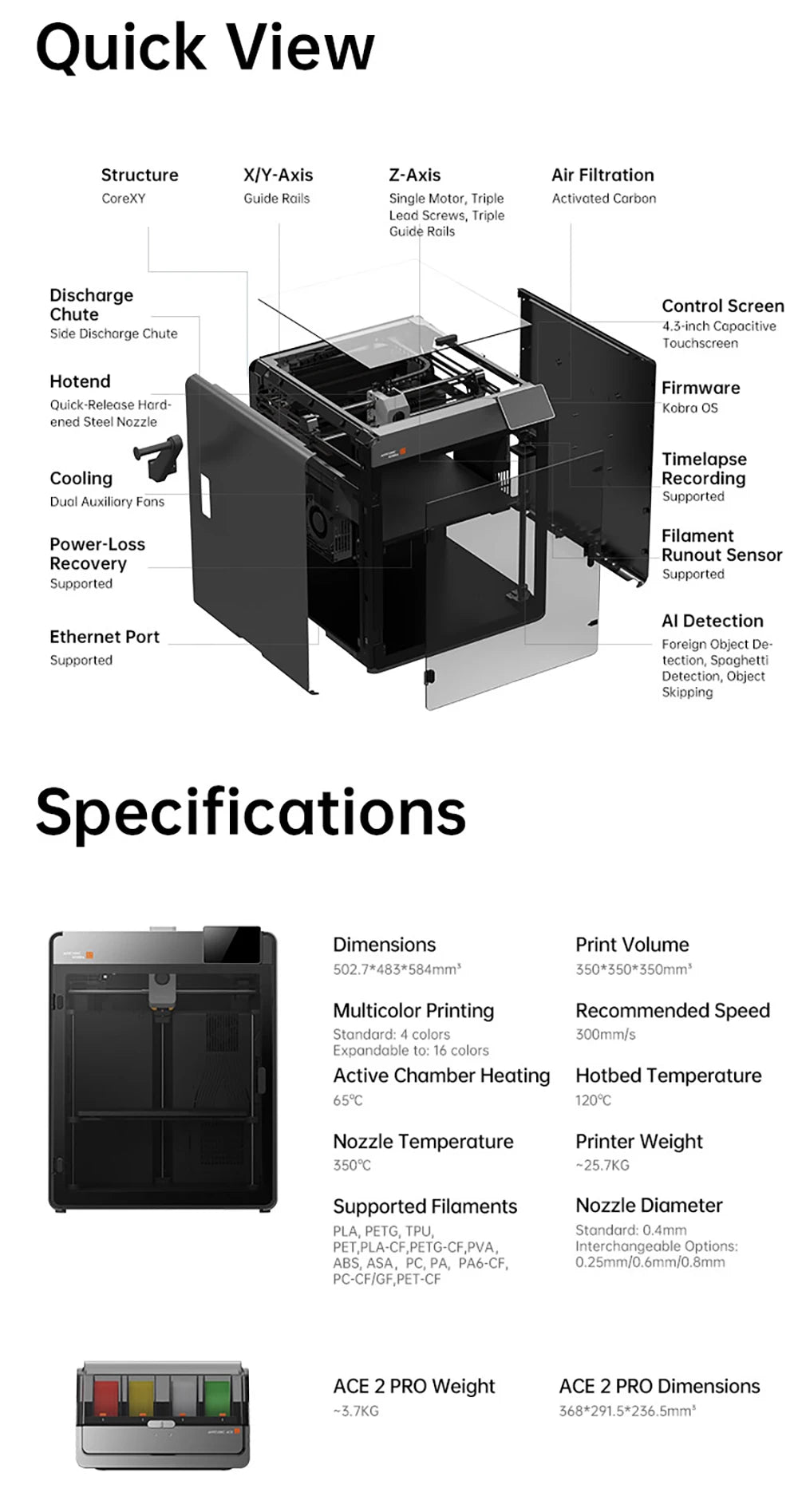 Anycubic Kobra S1 Max Combo Multicolor 3D Printer Max 600mm/s Fast Speed with 350℃ Hotend Hardened Steel Nozzle, 350×350×350mm