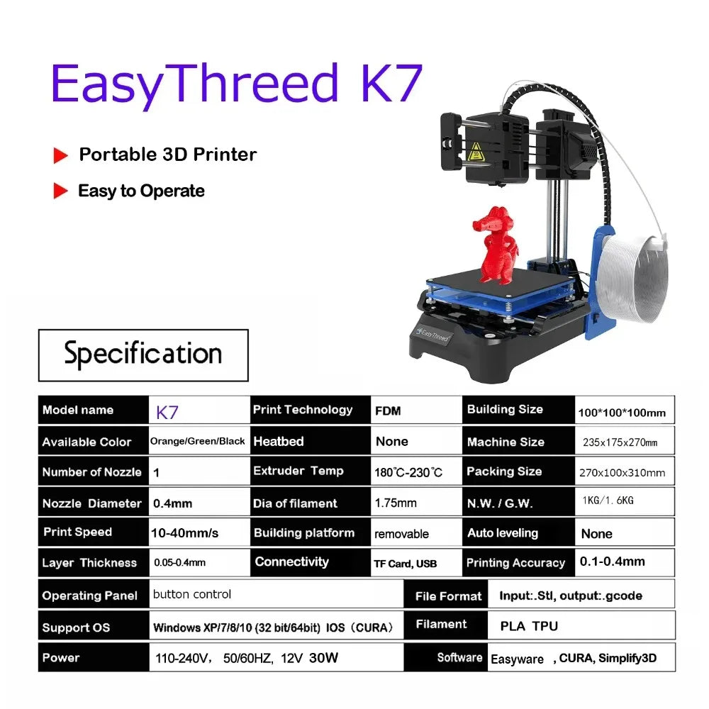 Easythreed K7 Portable Mini Desktop 3D Printer Household DIY Model Making 3D Printing Machine Entry Printer for Beginners & Kids
